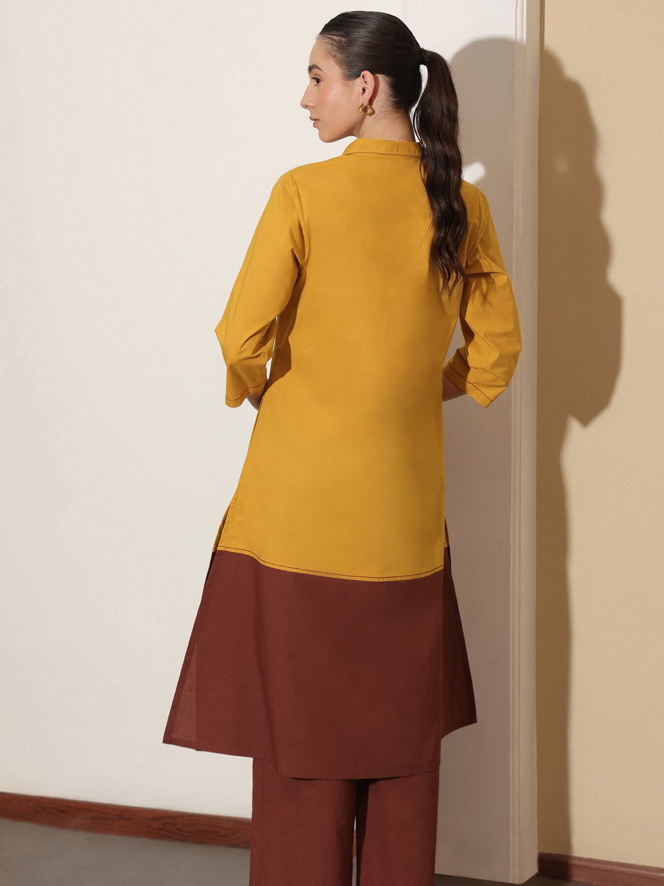 Cotton Colourblock A-Line Kurta Set - Mustard & Brown