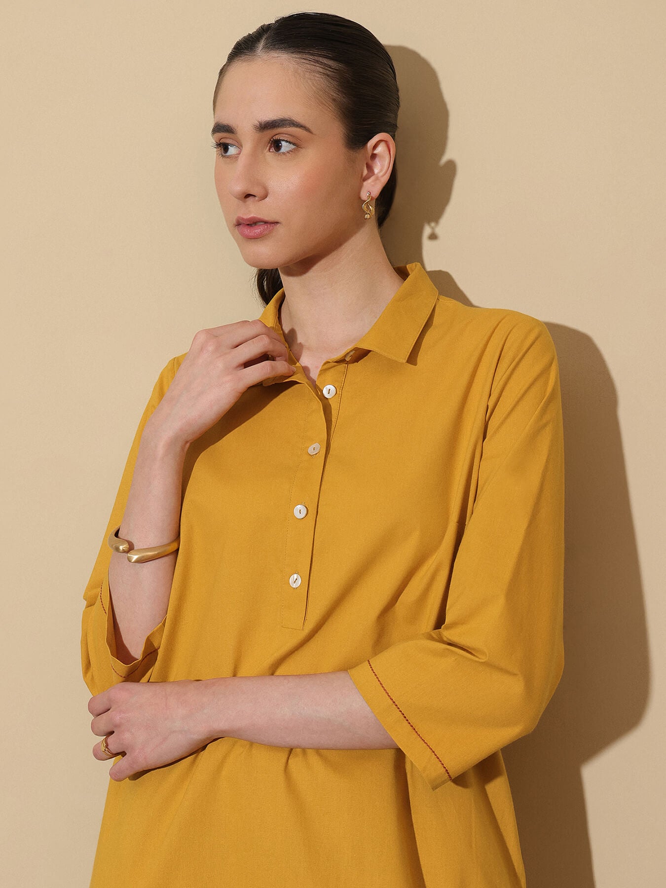Cotton Colourblock A-Line Kurta Set - Mustard & Brown