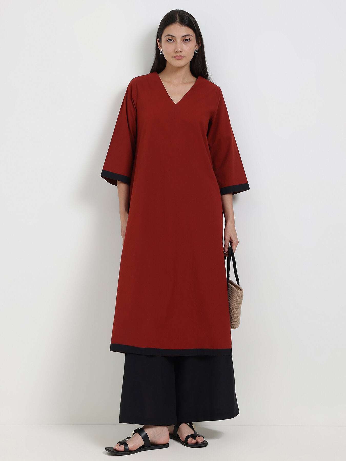 Cotton Colourblock Kurta Set - Maroon & Black