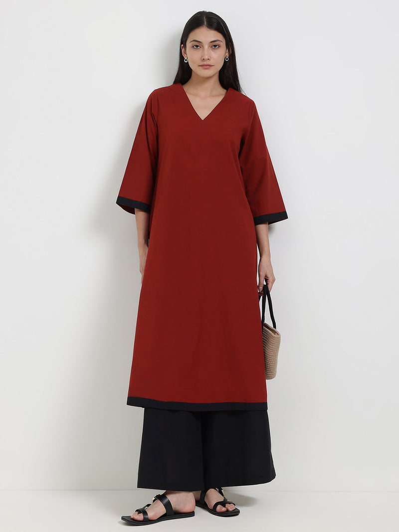 Cotton Colourblock Kurta Set - Maroon & Black
