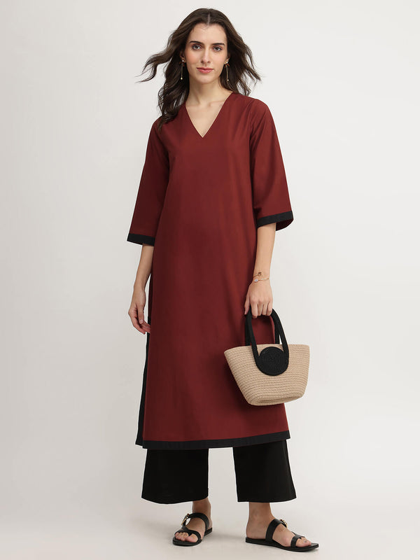 Cotton Colourblock Kurta Set - Maroon & Black
