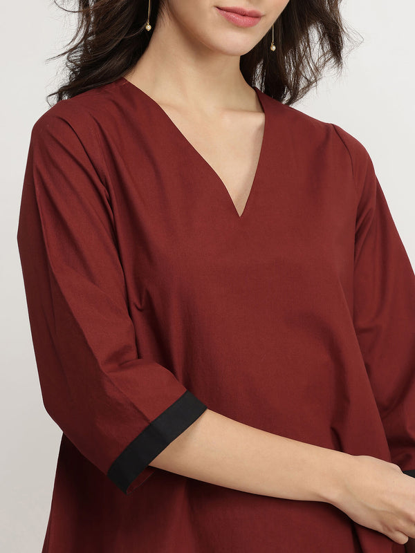 Cotton Colourblock Kurta Set - Maroon & Black