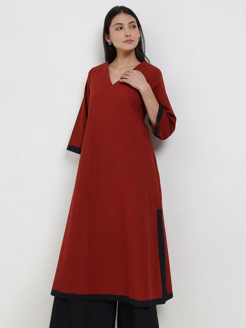 Cotton Colourblock Kurta Set - Maroon & Black