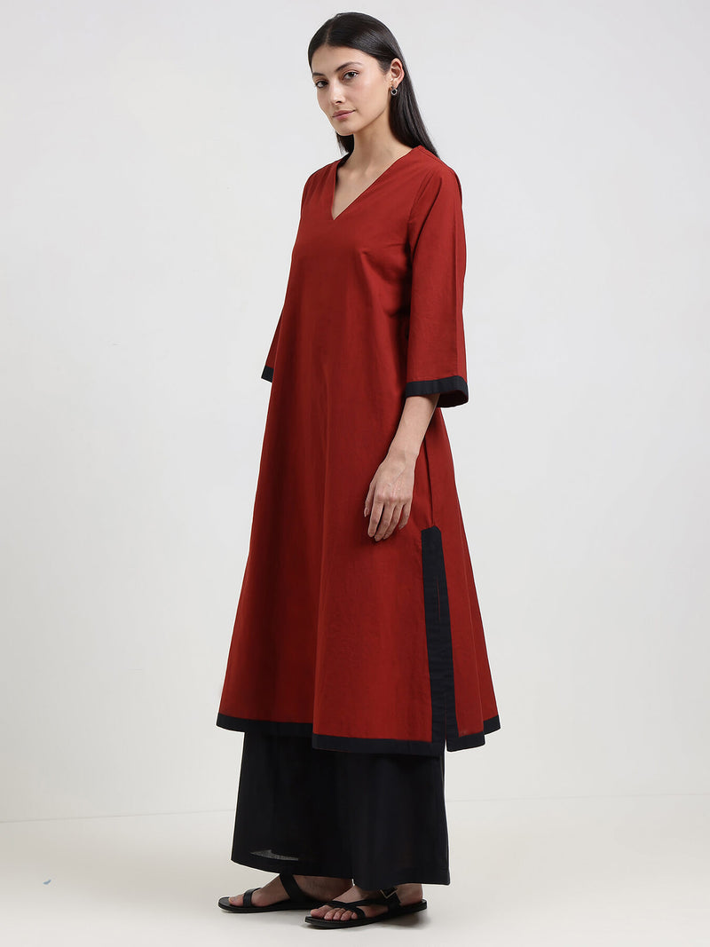 Cotton Colourblock Kurta Set - Maroon & Black
