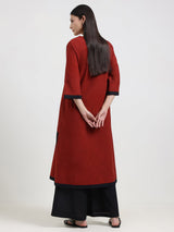 Cotton Colourblock Kurta Set - Maroon & Black
