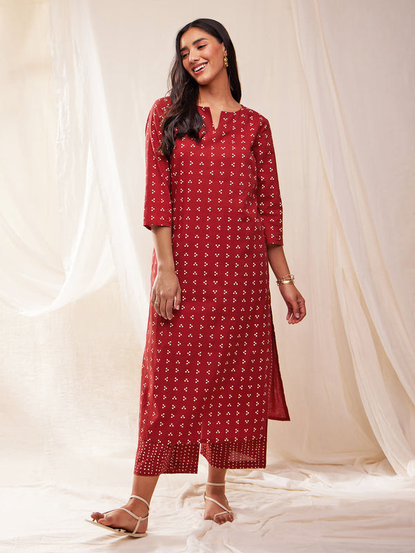Cotton Tribal Print Straight Kurta Set - Red