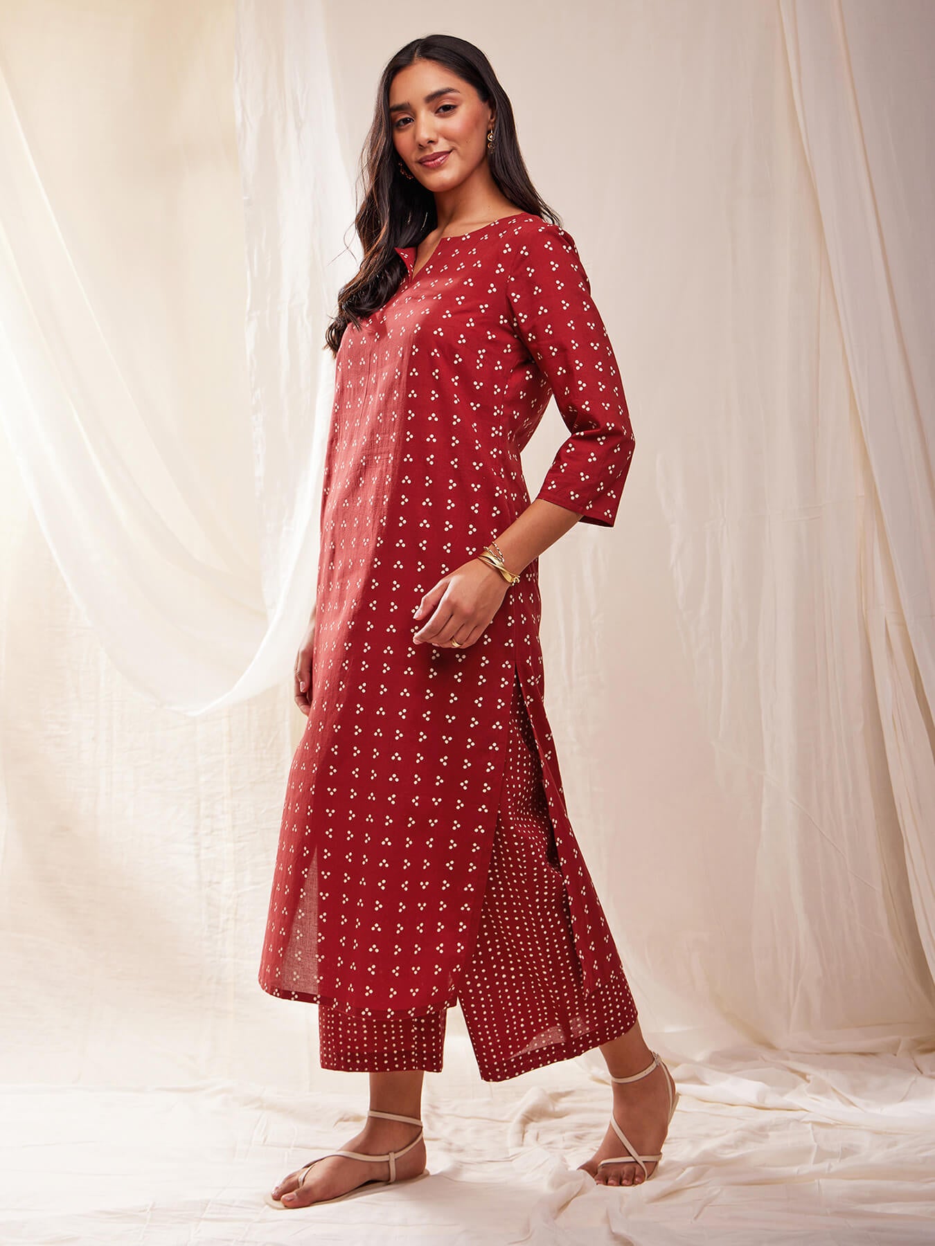 Cotton Tribal Print Straight Kurta Set - Red