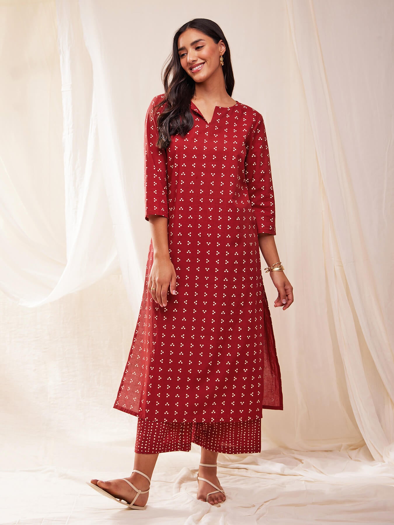 Cotton Tribal Print Straight Kurta Set - Red