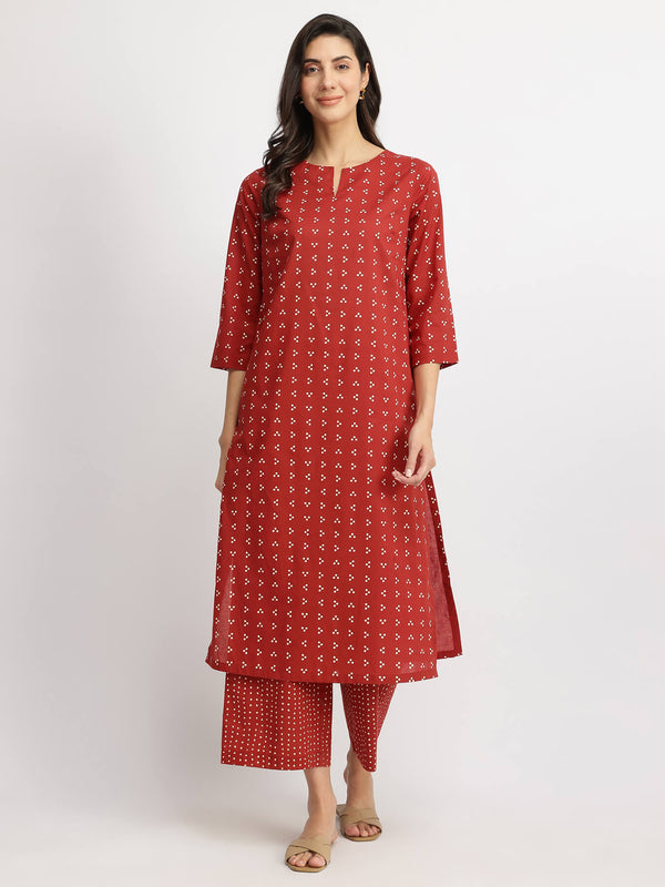 Cotton Tribal Print Straight Kurta Set - Red