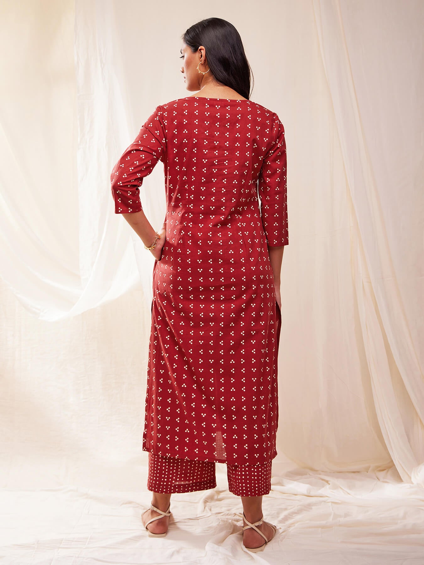 Cotton Tribal Print Straight Kurta Set - Red