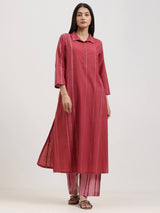 Cotton Striped Shirt Collar Kurta Set - Maroon & Pink