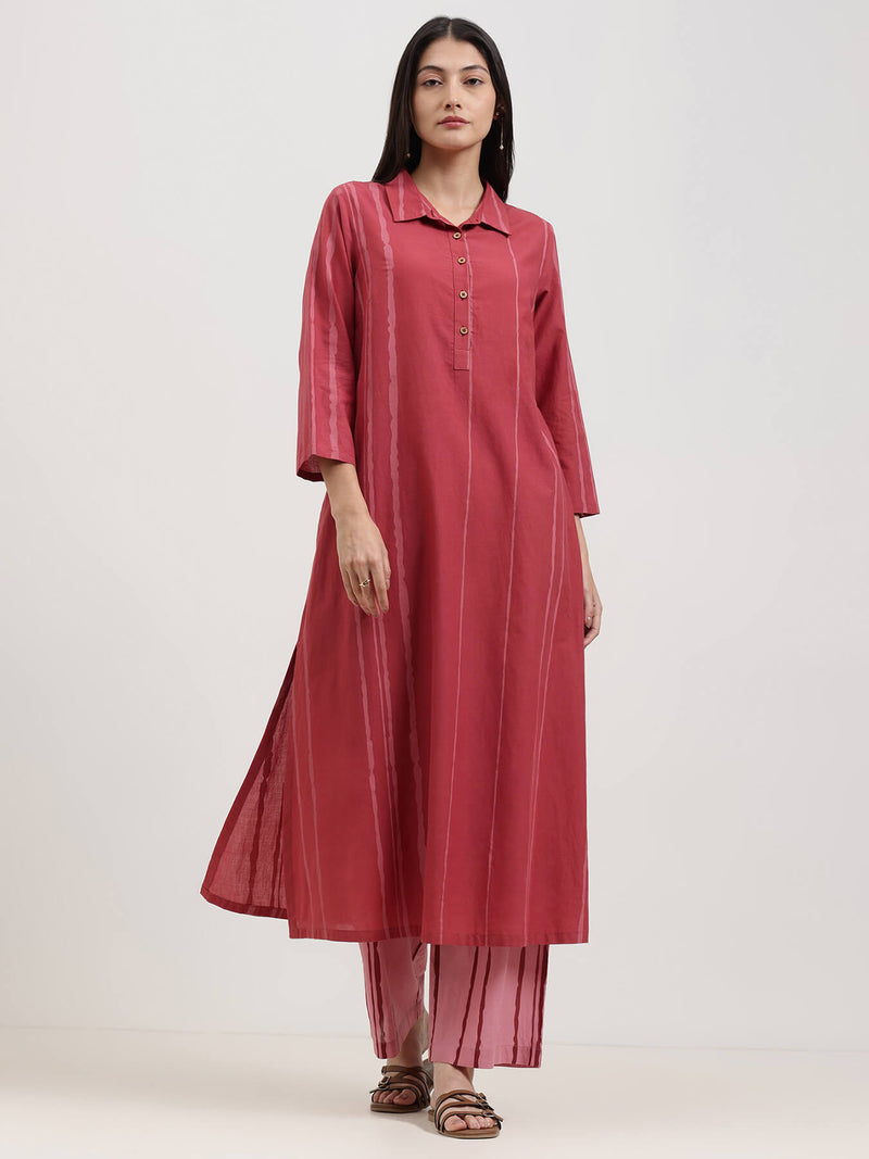 Cotton Striped Shirt Collar Kurta Set - Maroon & Pink