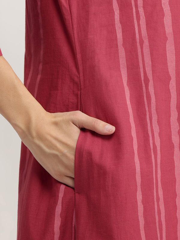 Cotton Striped Shirt Collar Kurta Set - Maroon & Pink