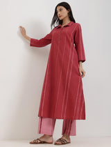 Cotton Striped Shirt Collar Kurta Set - Maroon & Pink