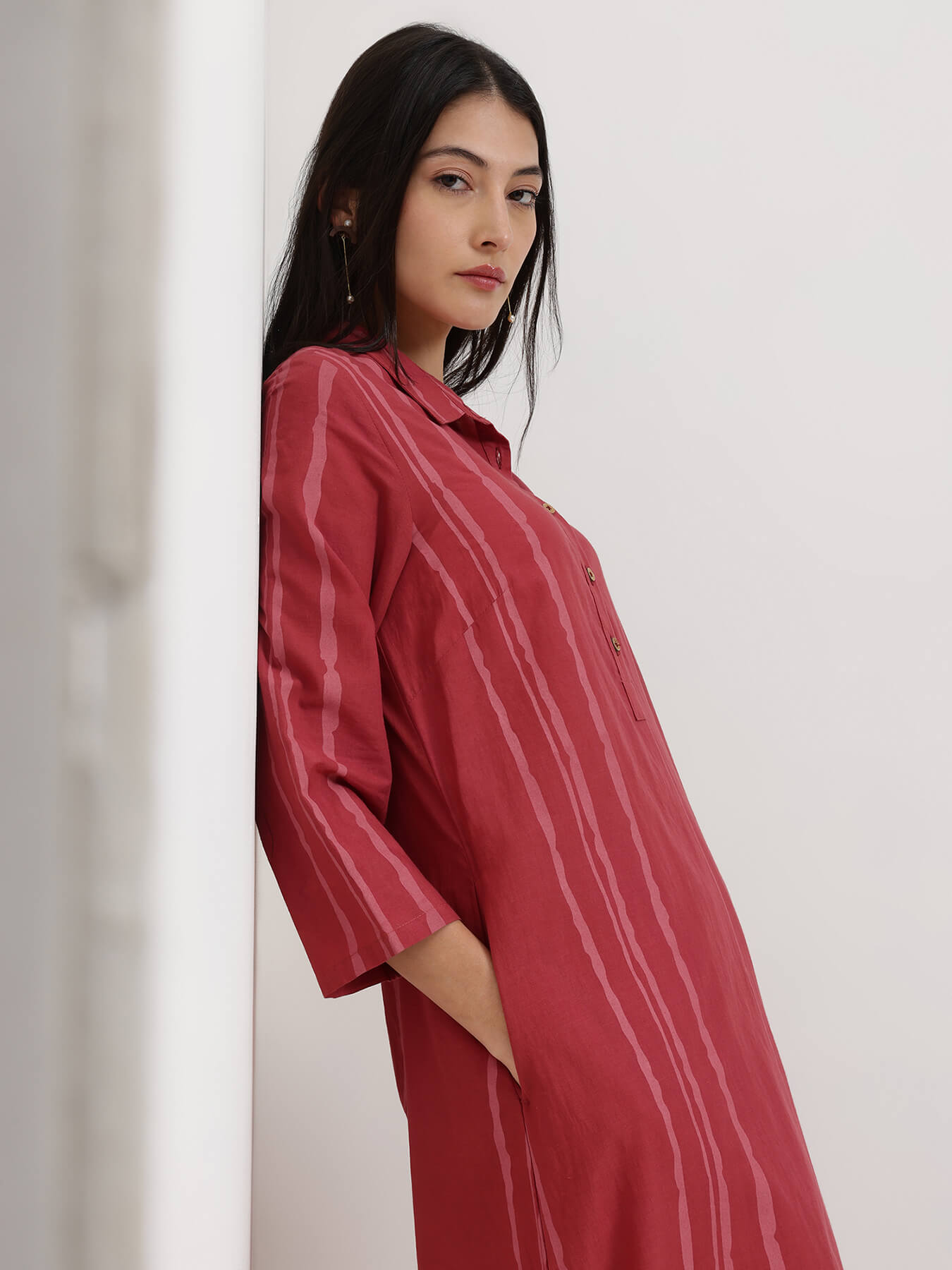 Cotton Striped Shirt Collar Kurta Set - Maroon & Pink