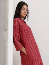 Cotton Striped Shirt Collar Kurta Set - Maroon & Pink