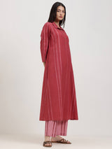 Cotton Striped Shirt Collar Kurta Set - Maroon & Pink