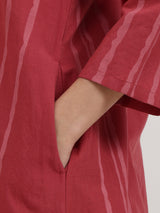 Cotton Striped Shirt Collar Kurta Set - Maroon & Pink