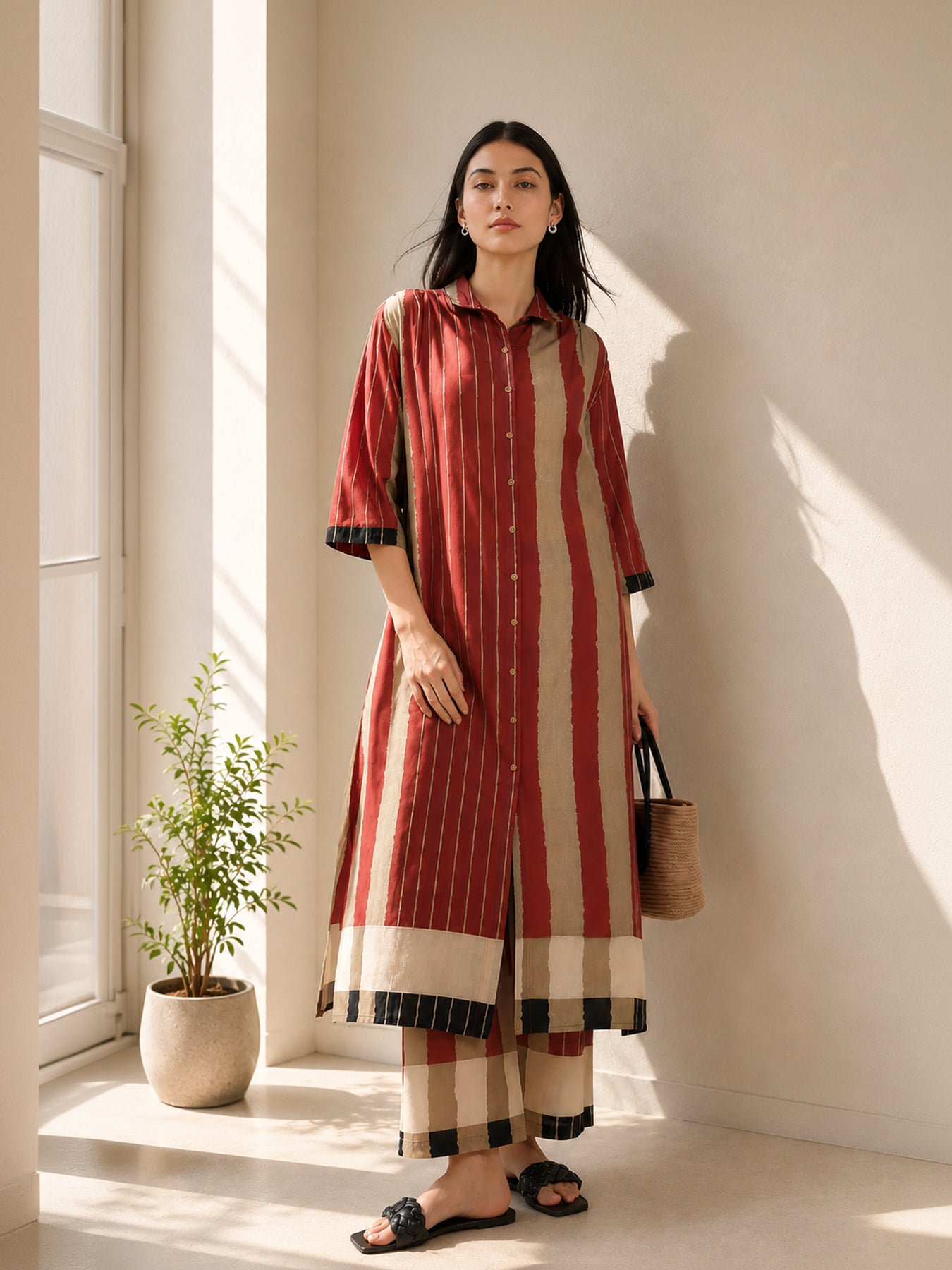 Cotton Stripe Play Shirt Kurta Set - Beige & Rust