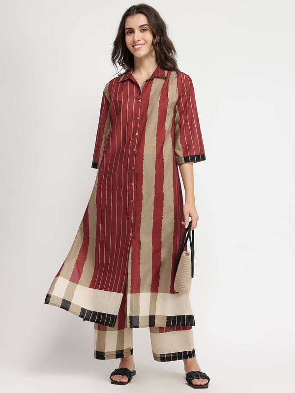 Cotton Stripe Play Shirt Kurta Set - Beige & Rust