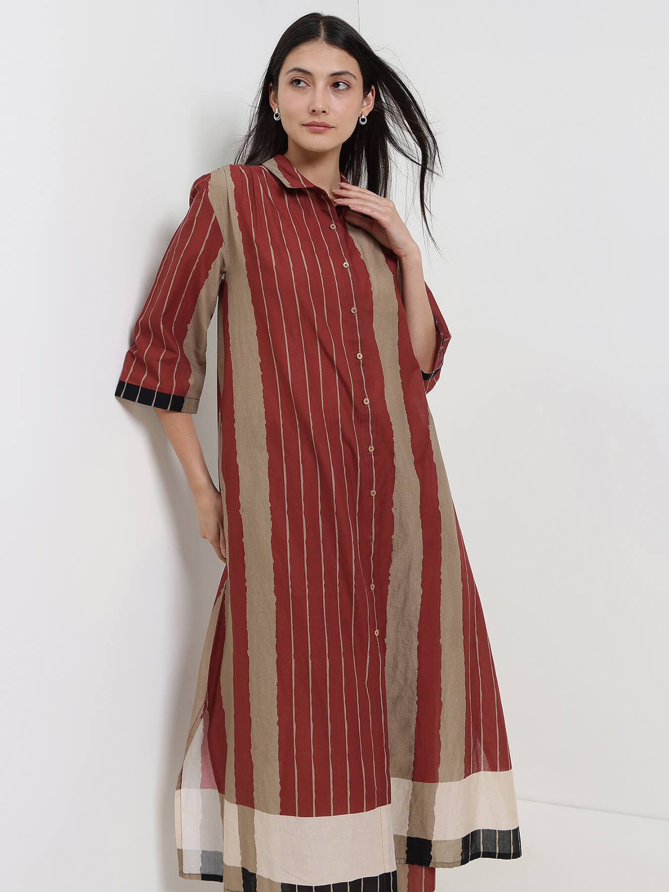 Cotton Stripe Play Shirt Kurta Set - Beige & Rust
