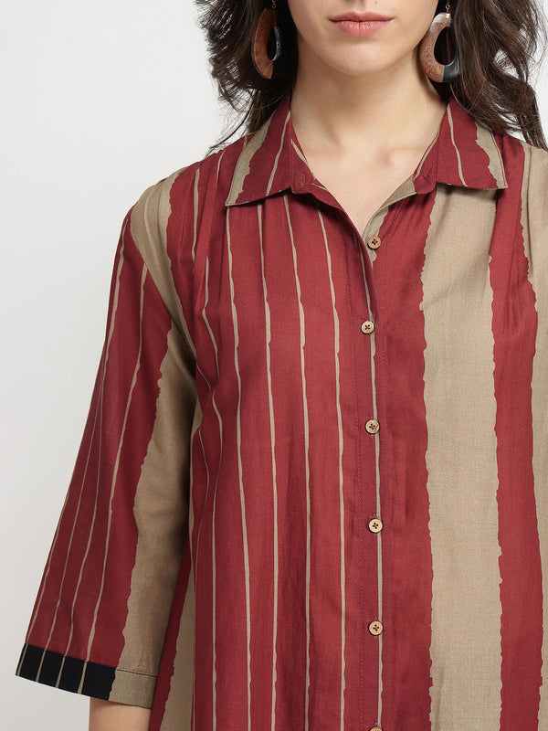 Cotton Stripe Play Shirt Kurta Set - Beige & Rust