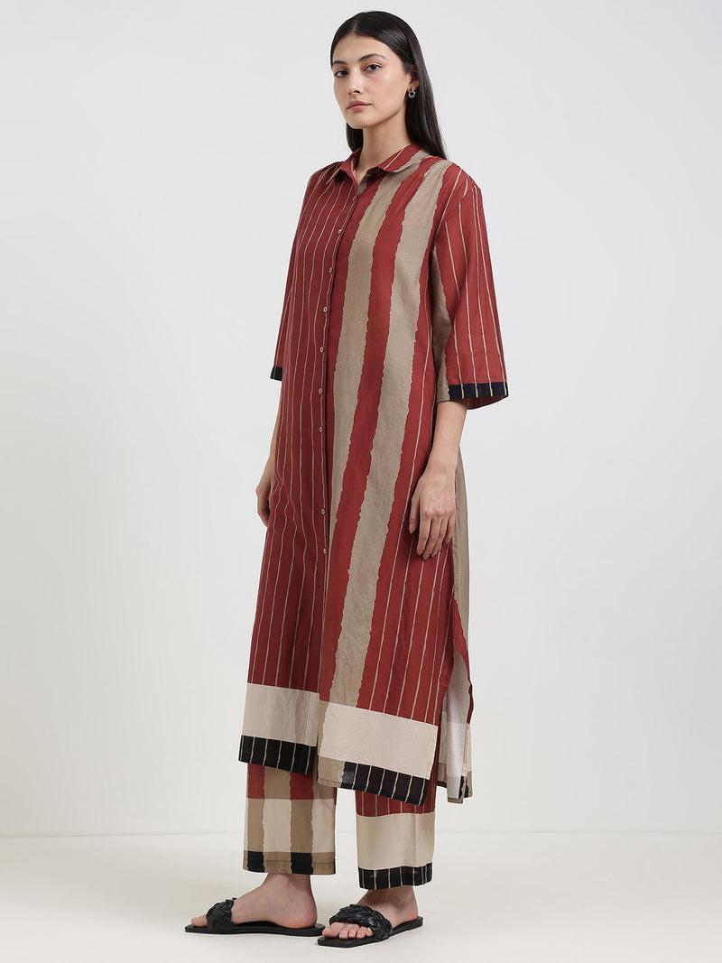 Cotton Stripe Play Shirt Kurta Set - Beige & Rust