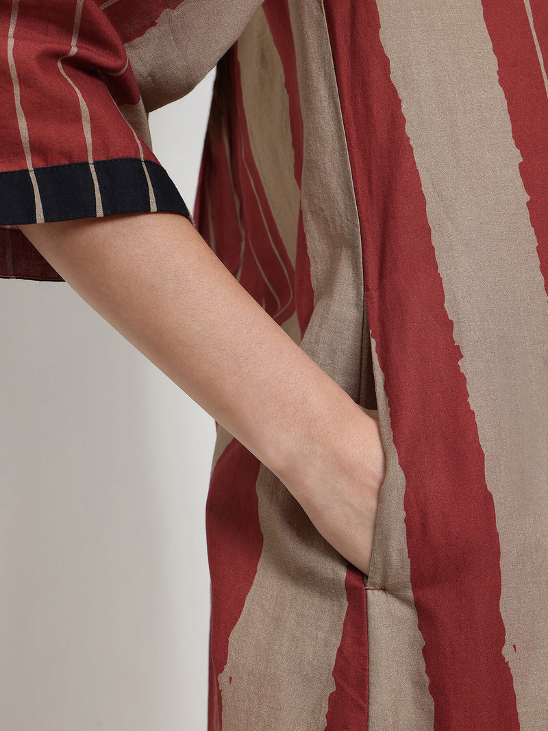 Cotton Stripe Play Shirt Kurta Set - Beige & Rust