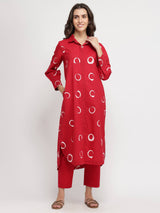 Cotton Abstract Polka Kurta Set - Red