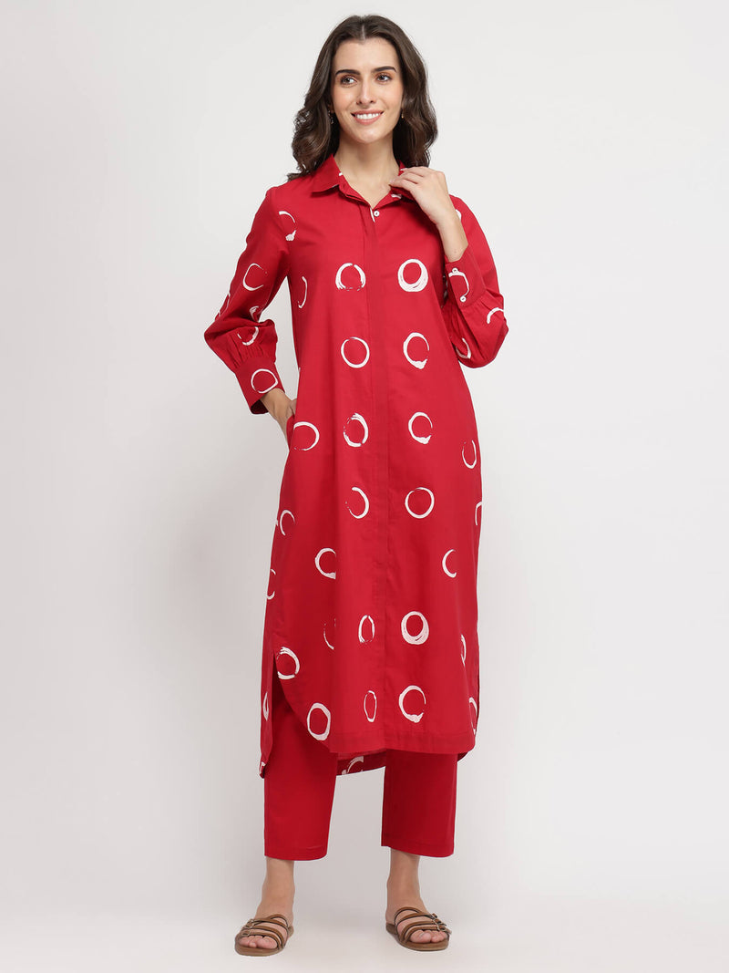 Cotton Abstract Polka Kurta Set - Red