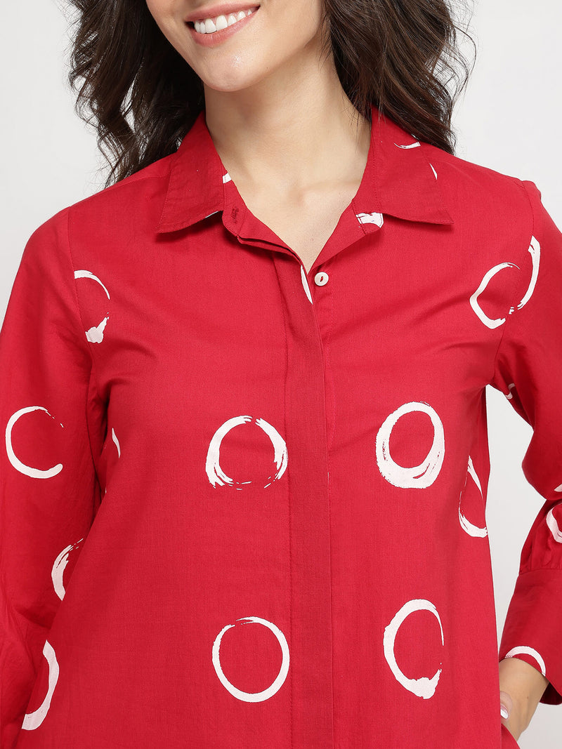 Cotton Abstract Polka Kurta Set - Red