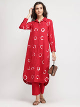 Cotton Abstract Polka Kurta Set - Red