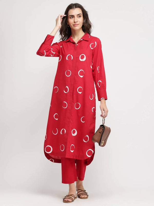 Cotton Abstract Polka Kurta Set - Red
