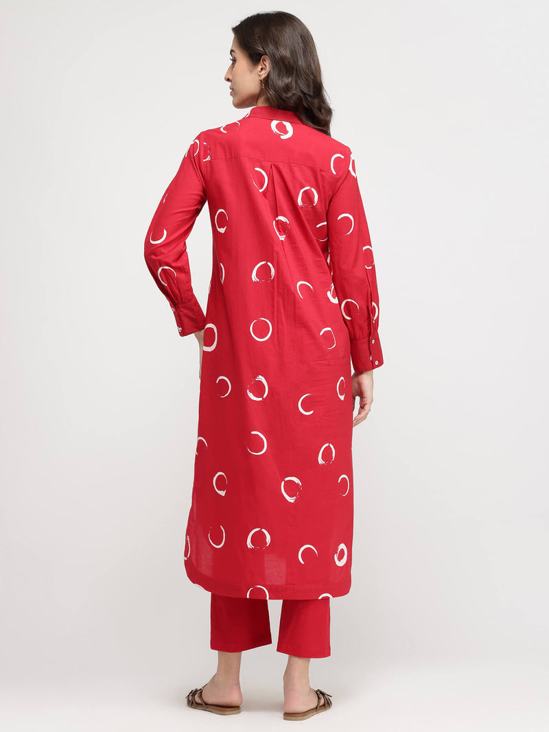 Cotton Abstract Polka Kurta Set - Red