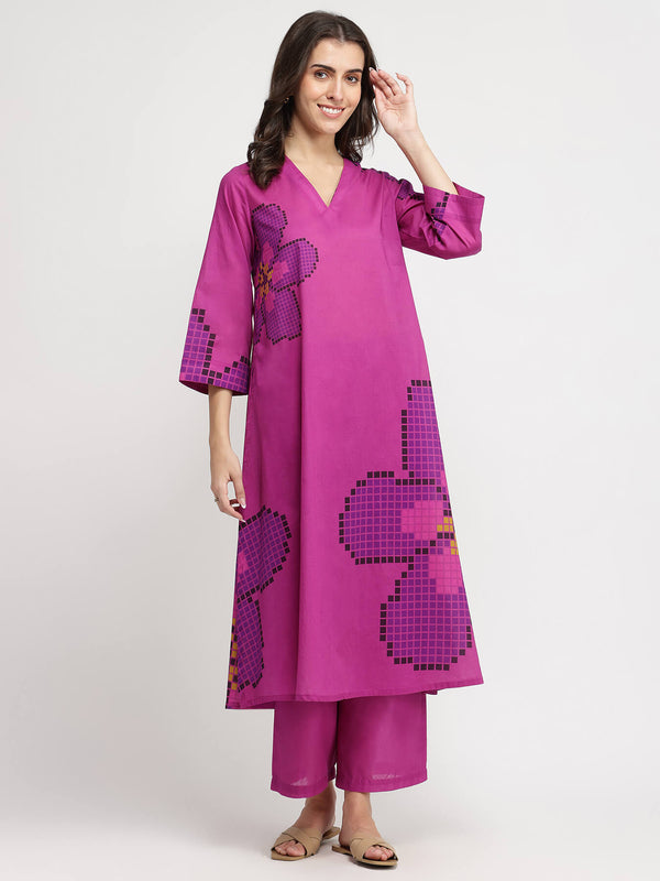 Cotton Floral A-Line Kurta Set - Pink & Purple