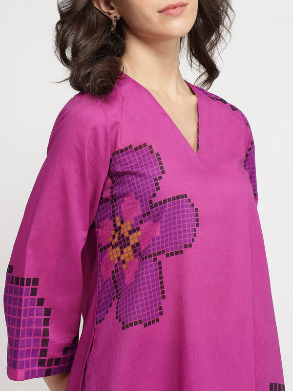 Cotton Floral A-Line Kurta Set - Pink & Purple