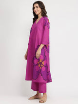 Cotton Floral A-Line Kurta Set - Pink & Purple