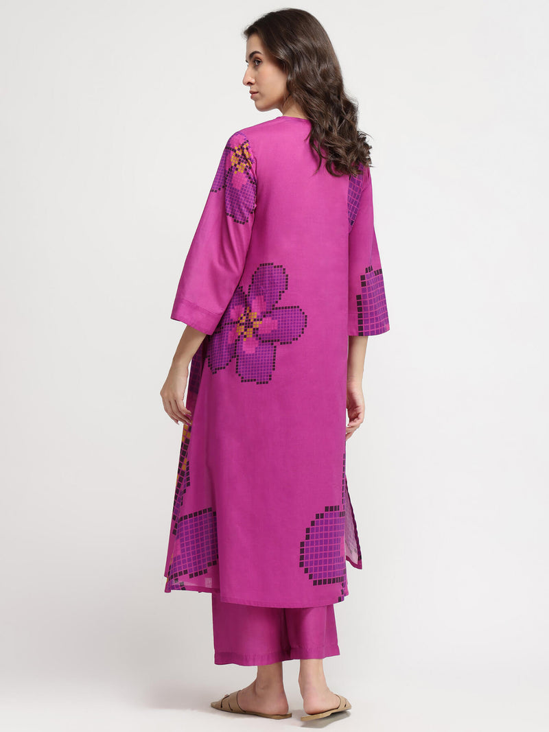 Cotton Floral A-Line Kurta Set - Pink & Purple