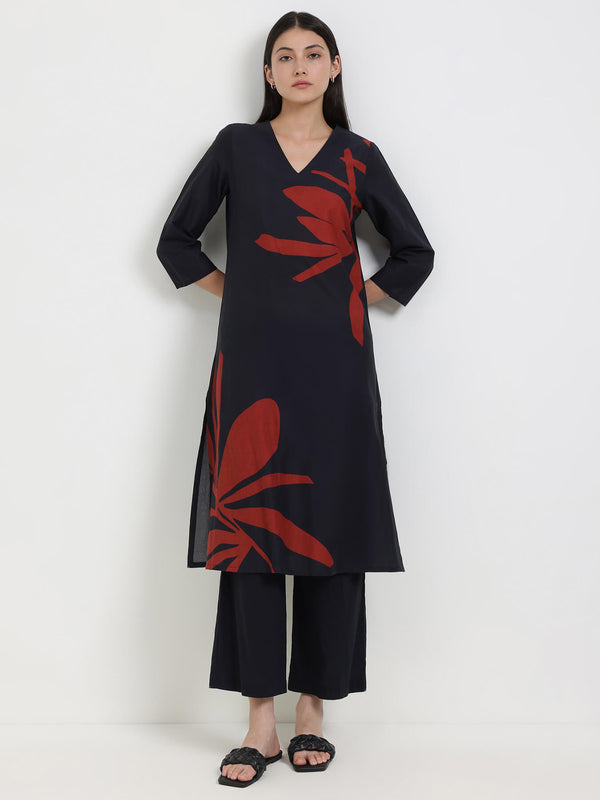 Cotton Floral A-Line Kurta Set - Black & Red