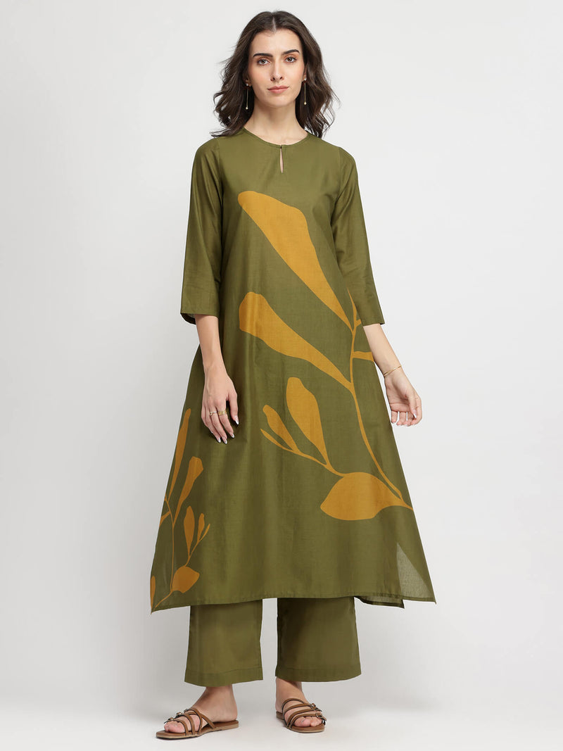 Cotton Floral A-Line Kurta Set - Olive & Mustard