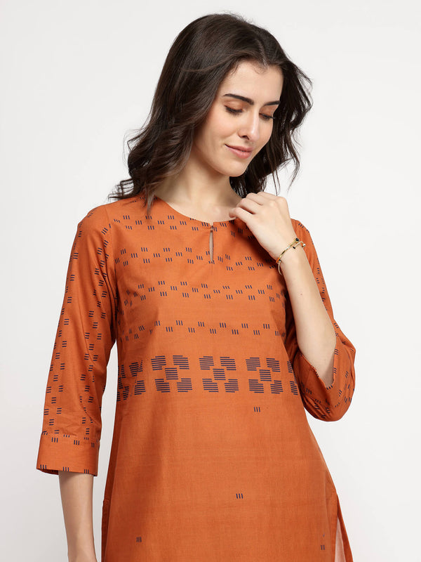 Cotton Geometric Print Kurta Set - Orange