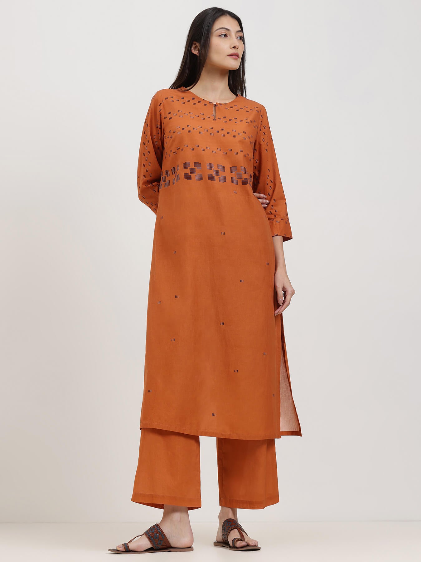 Cotton Geometric Print Kurta Set - Orange