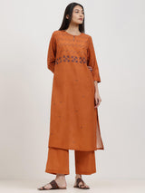 Cotton Geometric Print Kurta Set - Orange