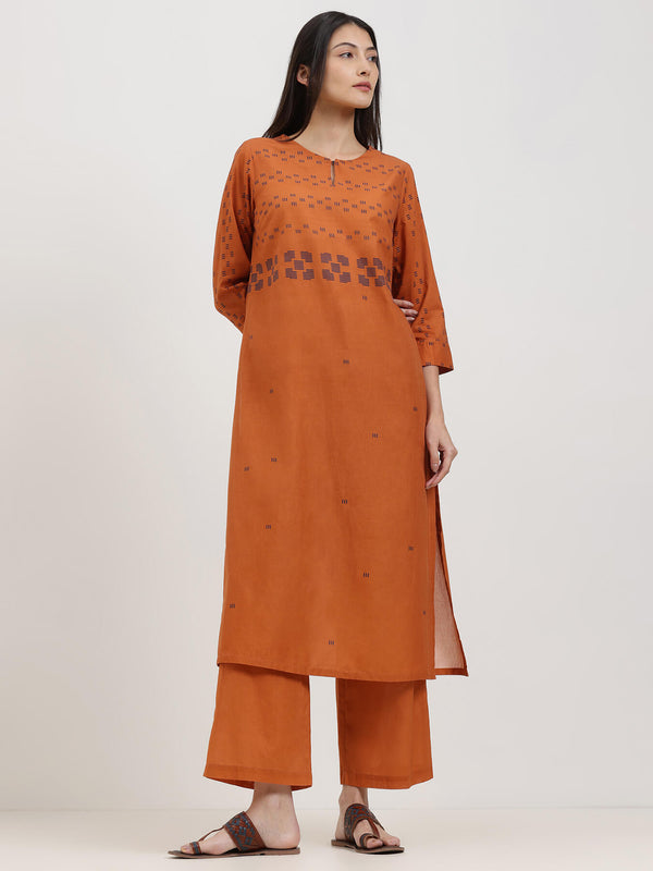 Cotton Geometric Print Kurta Set - Orange