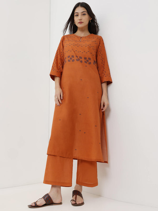 Cotton Geometric Print Kurta Set - Orange