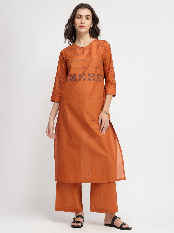 Cotton Geometric Print Kurta Set - Orange