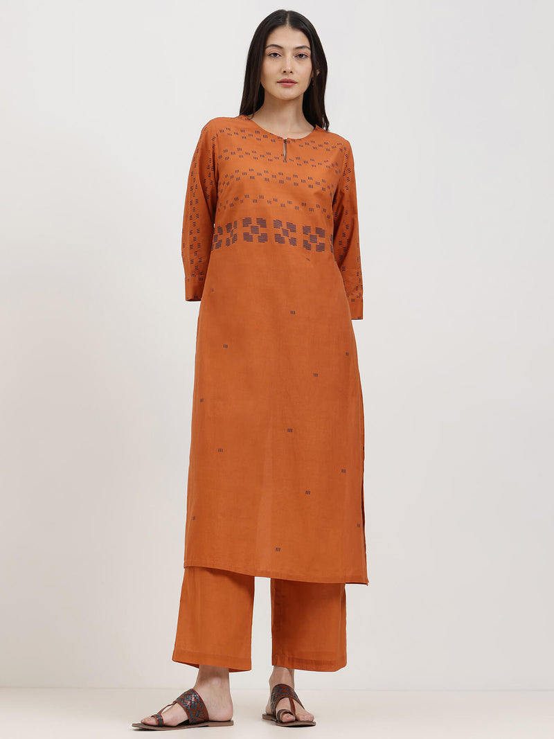 Cotton Geometric Print Kurta Set - Orange