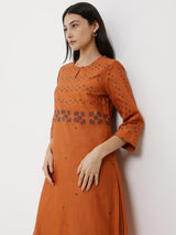 Cotton Geometric Print Kurta Set - Orange