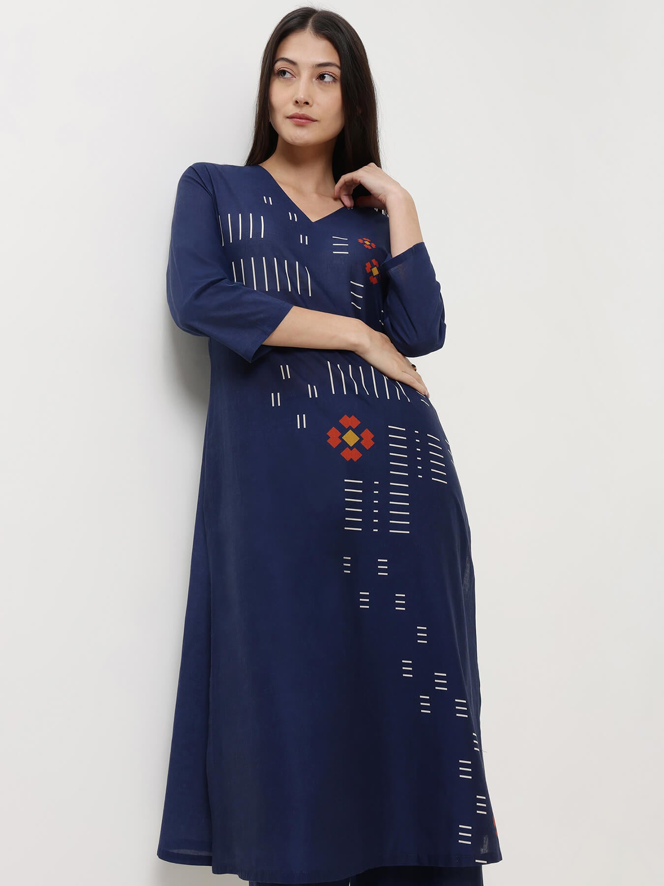 Cotton Geometric Print Kurta Set - Navy Blue