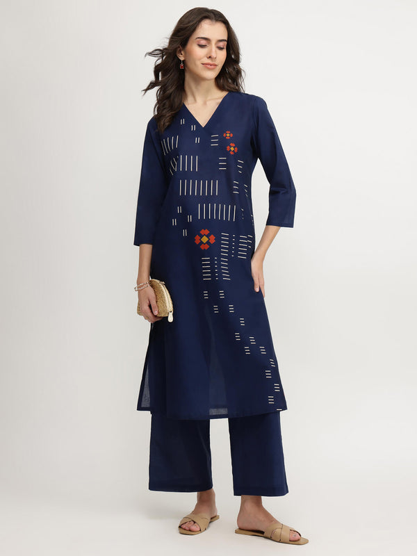 Cotton Geometric Print Kurta Set - Navy Blue